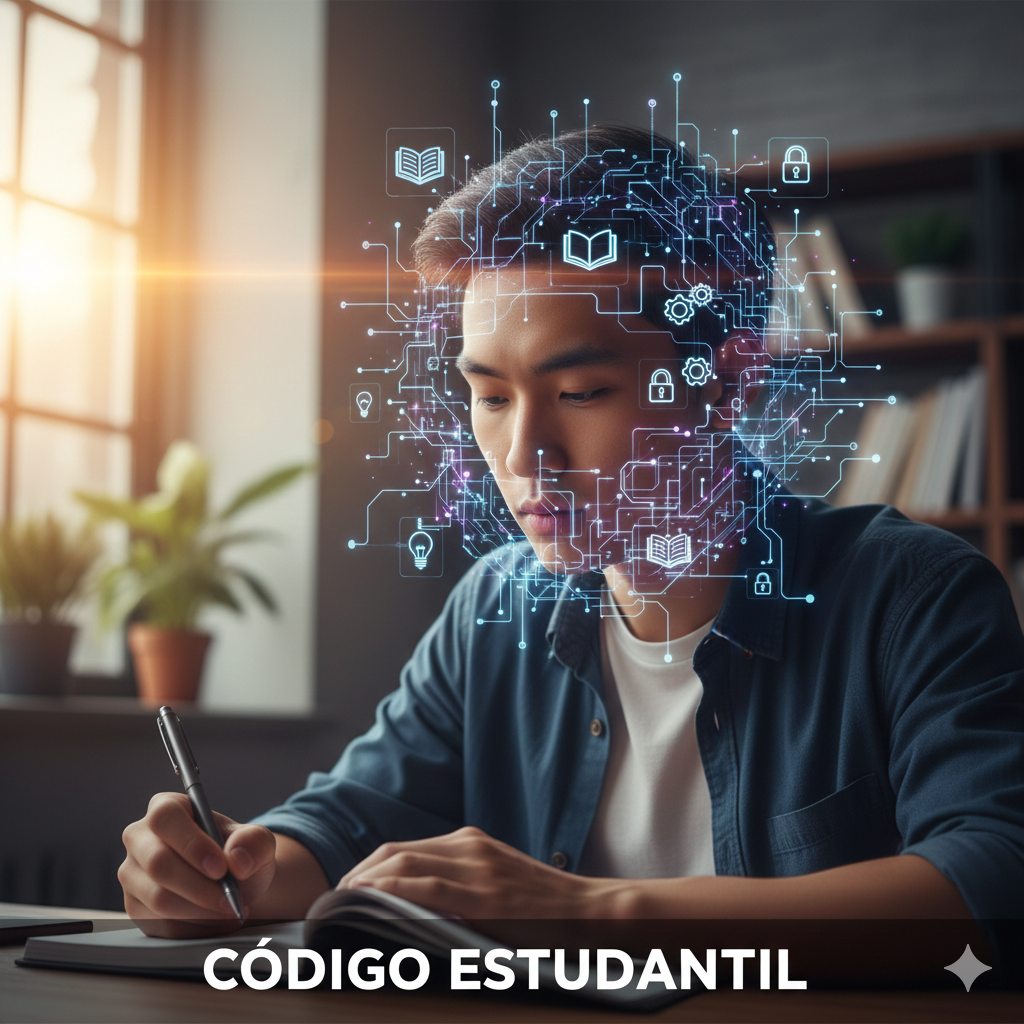 Estudante pensativo com gráficos de neurociência na cabeça, simbolizando a organização do estudo e a ativação cerebral, para o blog Código Estudantil.