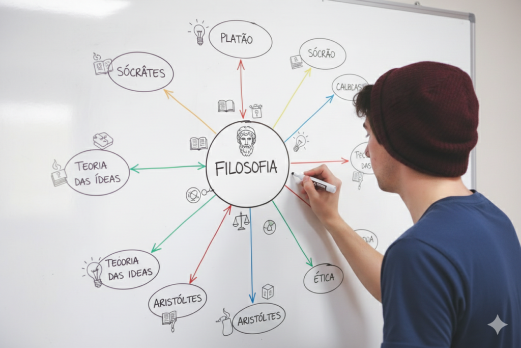 Adolescente de costas, usando touca vinho e camiseta azul, escrevendo em um quadro branco um mapa mental organizado sobre Filosofia. No centro do quadro está escrito "Filosofia" com ramificações para nomes como Sócrates, Platão e Aristóteles, além de ícones de livros e lâmpadas.